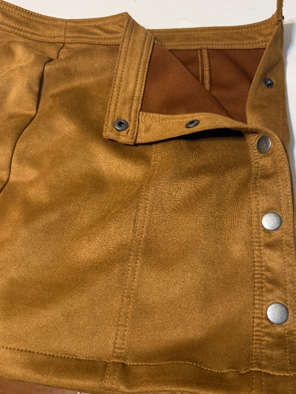 A-Line Mini Faux Suede Snap Button Closure-Warm Camel/Cognac Color - Size L